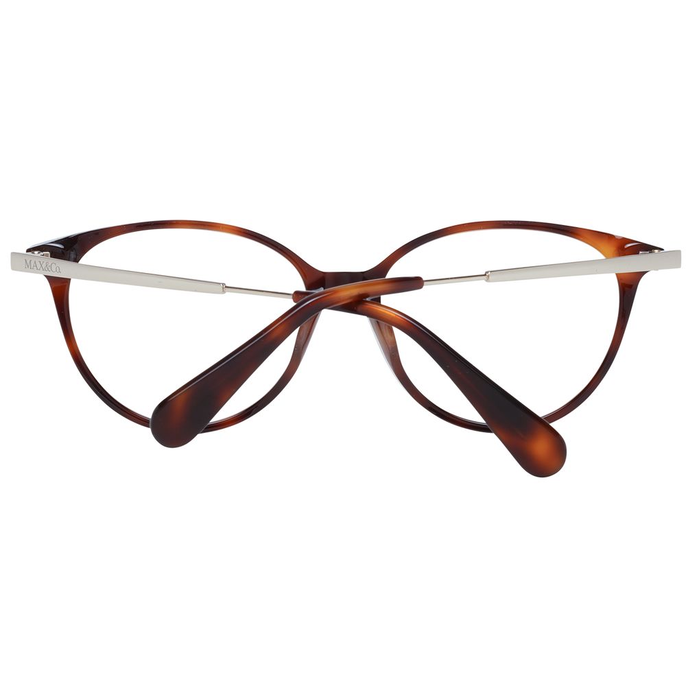 Max & Co Brown Women Glasses Frame, full-rim cat eye style, featuring metal and plastic materials, with demo lenses and branded case.