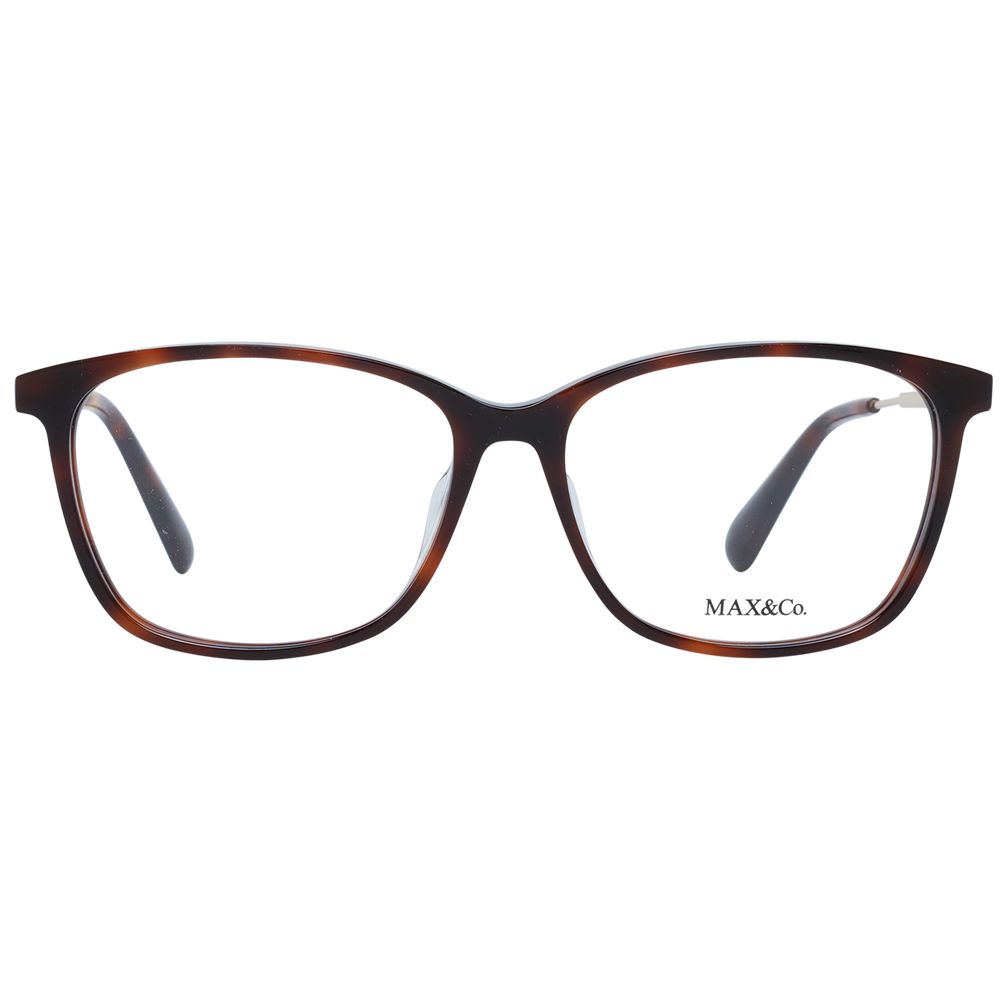 Max & Co Brown Women Glasses Frame with full-rim acetate design, demo lenses, and trapezium style, includes branded case, size 54-14-140.