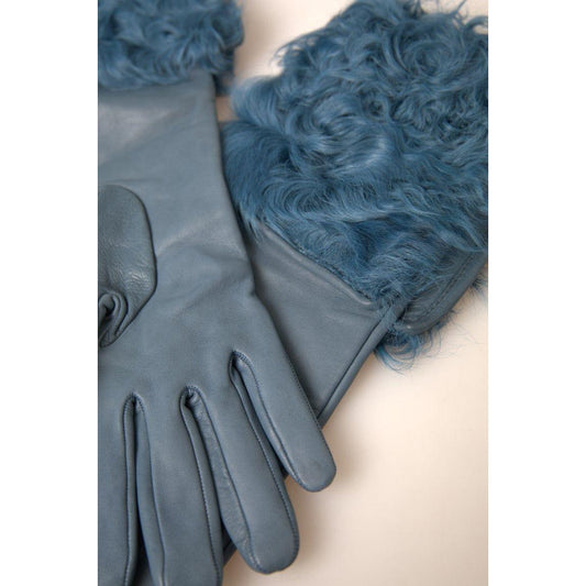 Dolce & Gabbana Elegant Blue Leather Gloves with Fur Trim Dolce & Gabbana Dim Gray