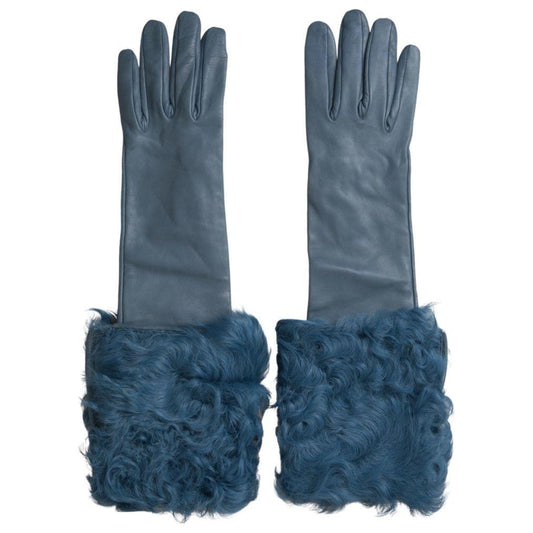 Dolce & Gabbana Elegant Blue Leather Gloves with Fur Trim Dolce & Gabbana Dark Slate Gray