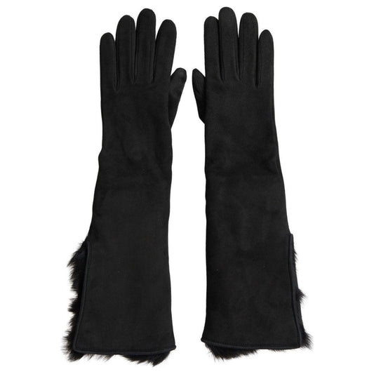 Dolce & Gabbana Elegant Leather Elbow Length Gloves with Fur Trim Dolce & Gabbana Black