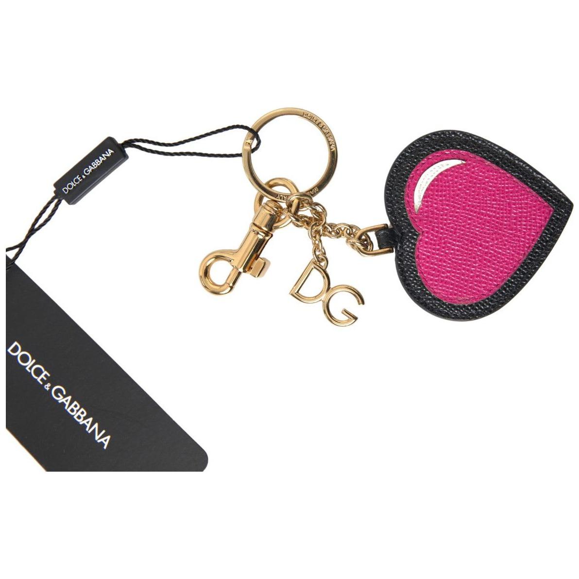 Dolce & Gabbana Black Fuchsia Heart Leather Gold Metal Keyring Keychain SMY101196