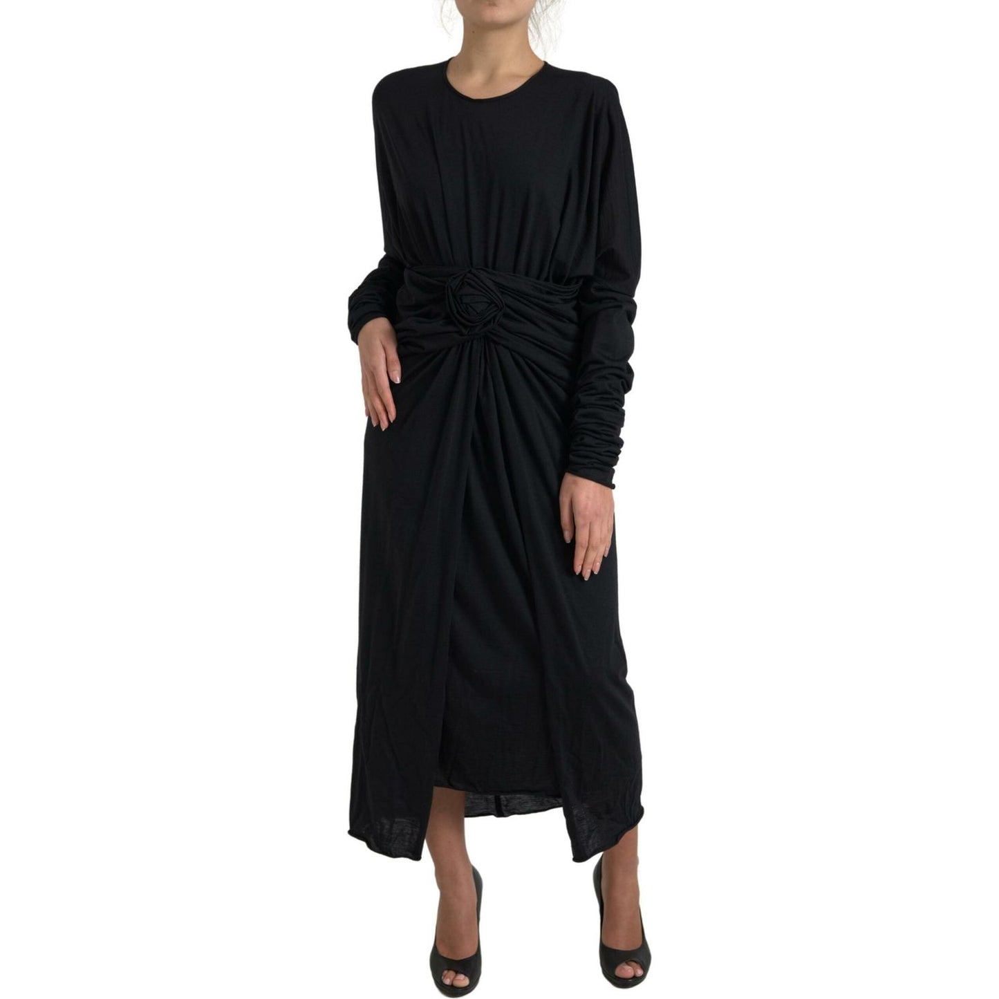 Dolce & Gabbana Black Wool Wrap Sheath Midi Gown Dress