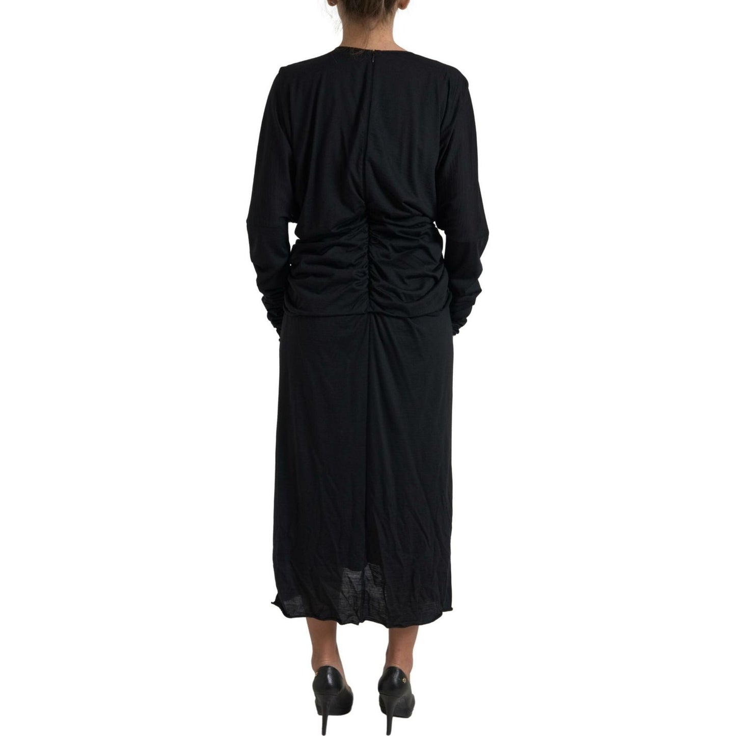 Dolce & Gabbana Black Wool Wrap Sheath Midi Gown Dress