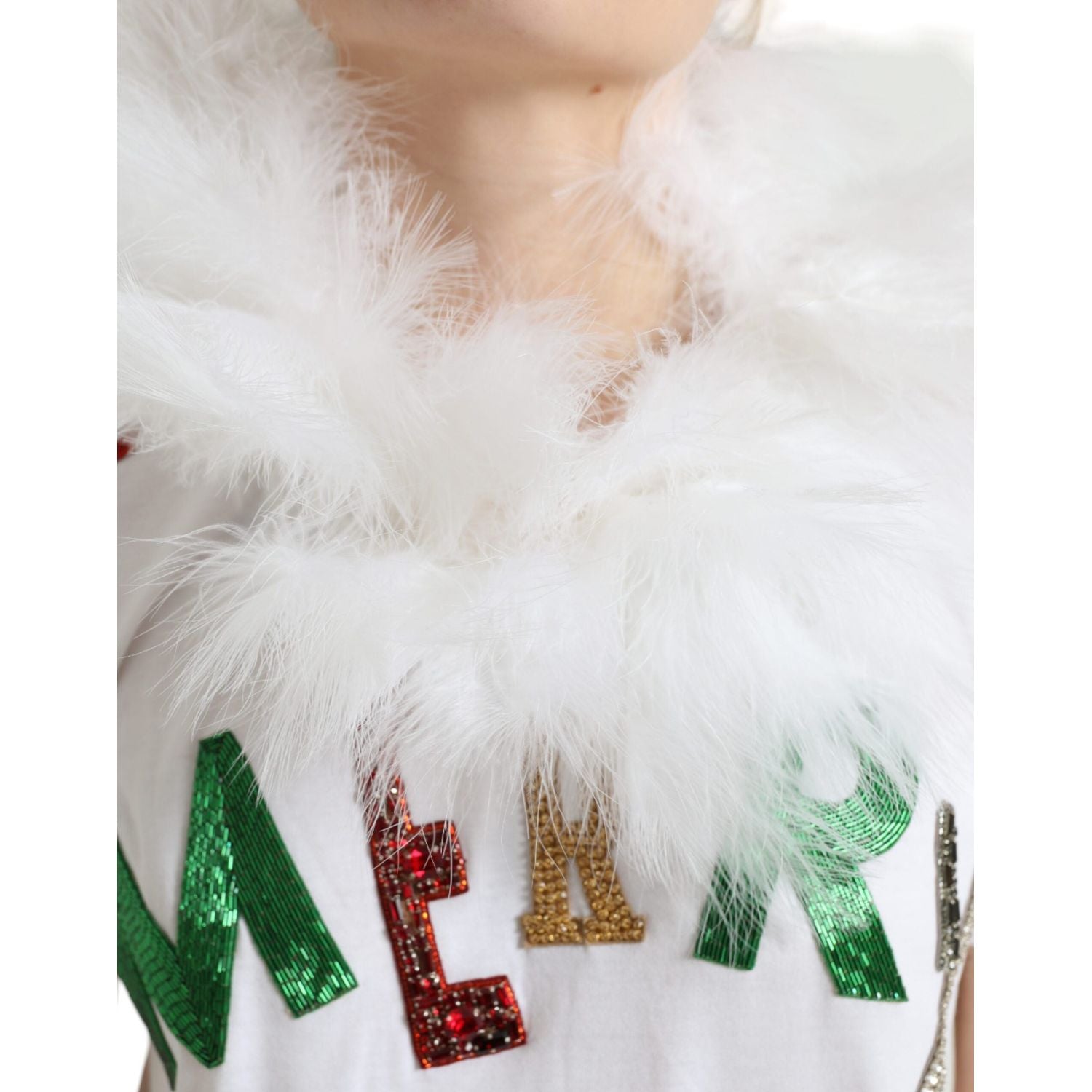 Dolce & Gabbana White Cotton Christmas Sequin Fur T-shirt