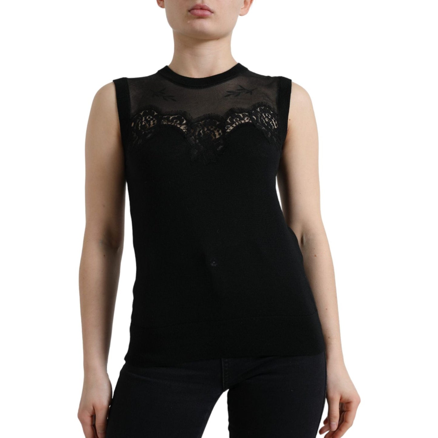 Dolce & Gabbana Black Cashmere Lace Trim Sleeveless Tank Top