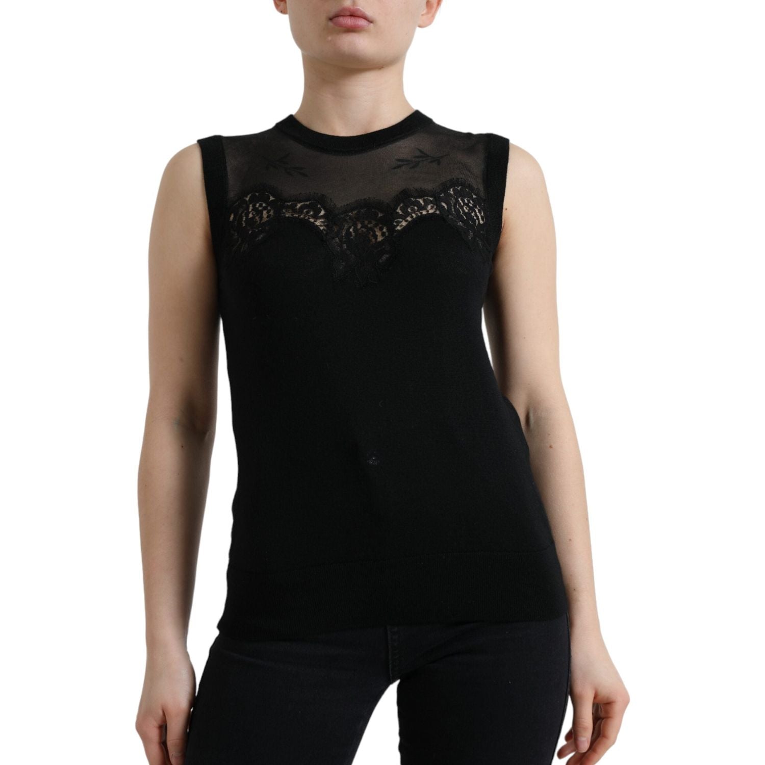 Dolce & Gabbana Black Cashmere Lace Trim Sleeveless Tank Top
