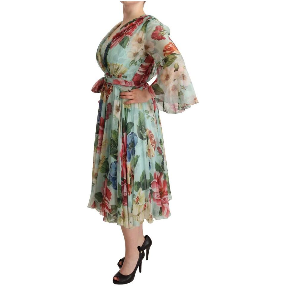 Dolce & Gabbana Multicolor Green Floral Silk Wrap Midi Dress