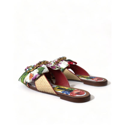 Dolce & Gabbana Multicolor Floral Flats Crystal Sandals Shoes