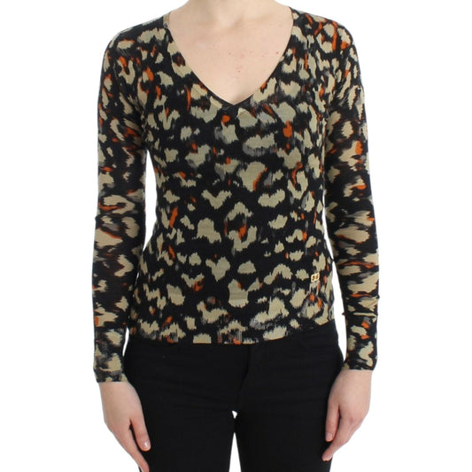 Cavalli Elegant Multicolor V-Neck Wool Jumper Cavalli Tan