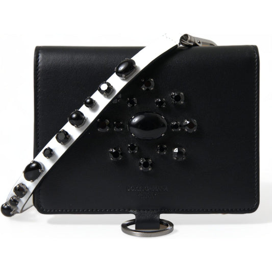 Dolce & Gabbana Elegant Black Leather Crystal Card Holder Wallet Dolce & Gabbana Black