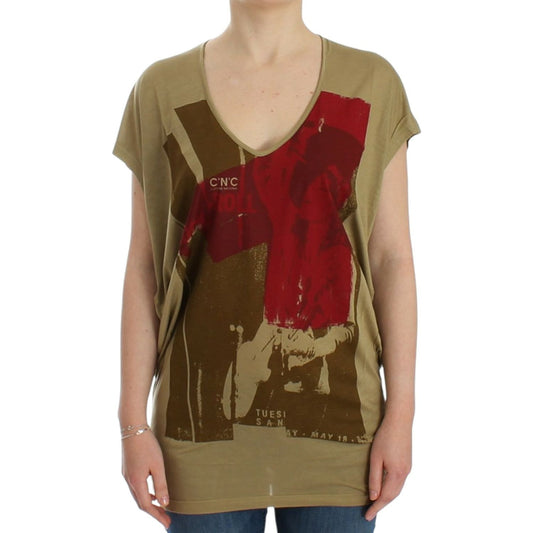 Costume National Chic Green Multicolor Print V-Neck Tee Costume National Saddle Brown