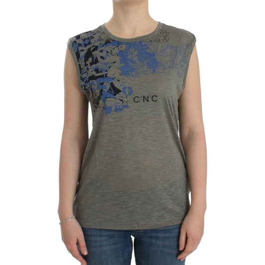 Costume National Chic Sleeveless Gray Top with Blue Detailing Costume National Dim Gray