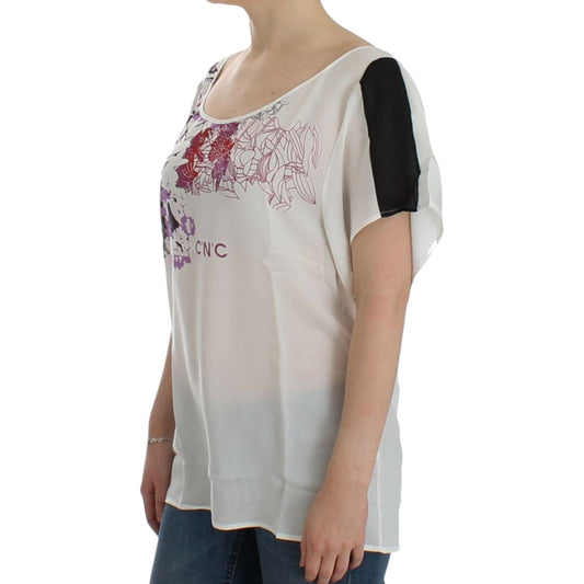 Costume National Chic White V-Neck Motive Print Tee Costume National Dark Gray