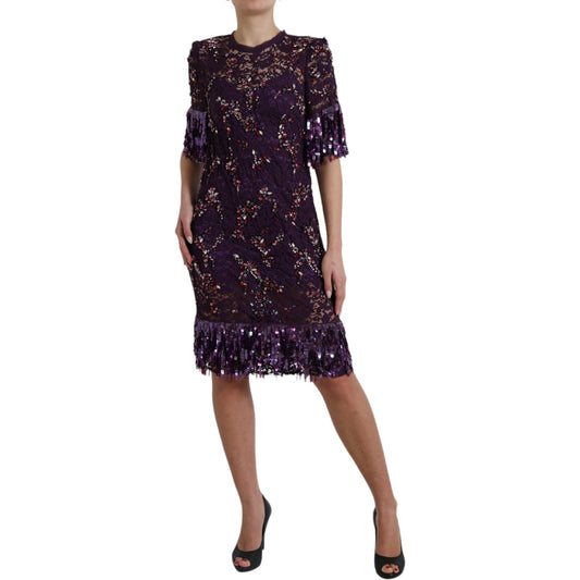 Dolce & Gabbana Elegant Purple Floral Lace Crystal Dress Dolce & Gabbana Black