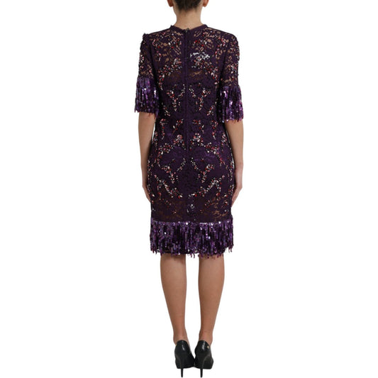 Dolce & Gabbana Elegant Purple Floral Lace Crystal Dress Dolce & Gabbana Black