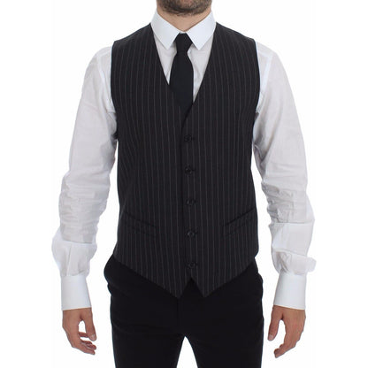 Dolce & Gabbana Gray Striped Wool Logo Vest Gilet Weste
