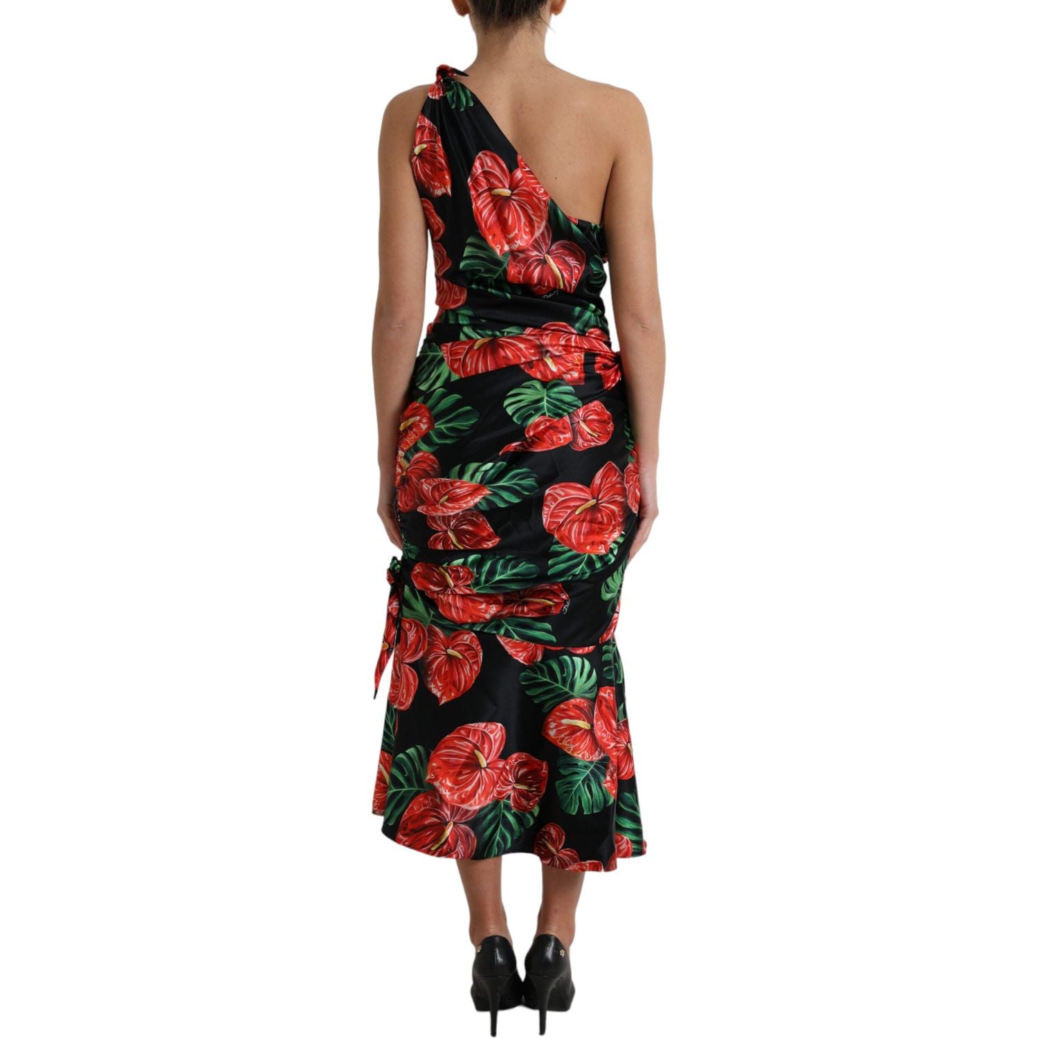 Dolce & Gabbana Black Shiny Silk Floral Print Draped Dress
