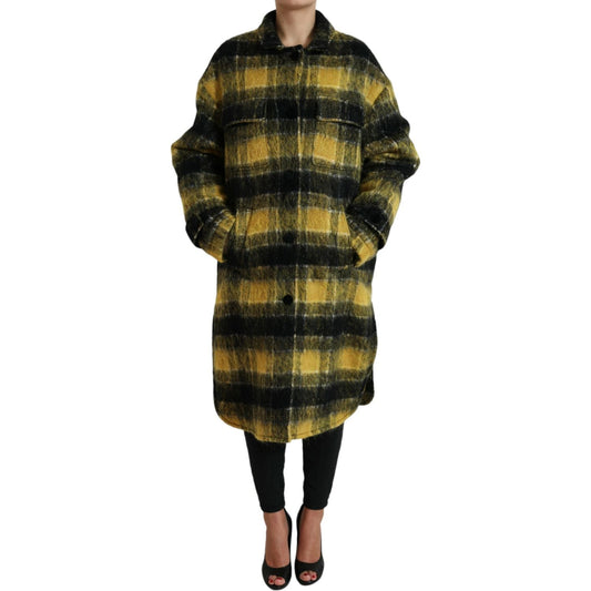 Dolce & Gabbana Chic Plaid Long Coat in Sunshine Yellow Dolce & Gabbana Black