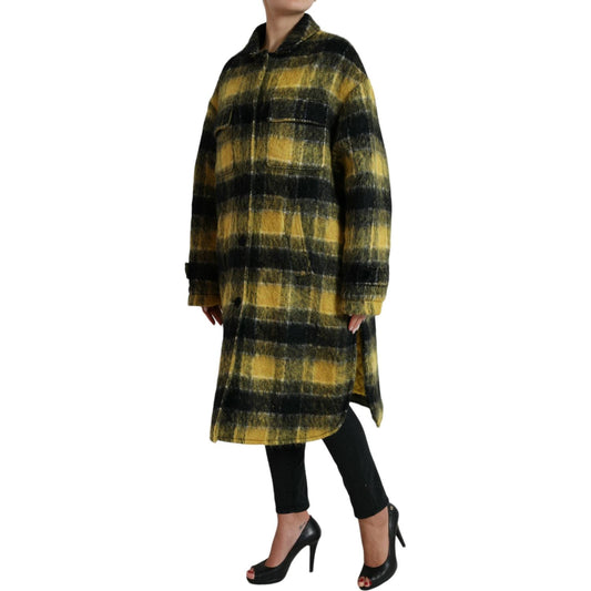Dolce & Gabbana Chic Plaid Long Coat in Sunshine Yellow Dolce & Gabbana Black