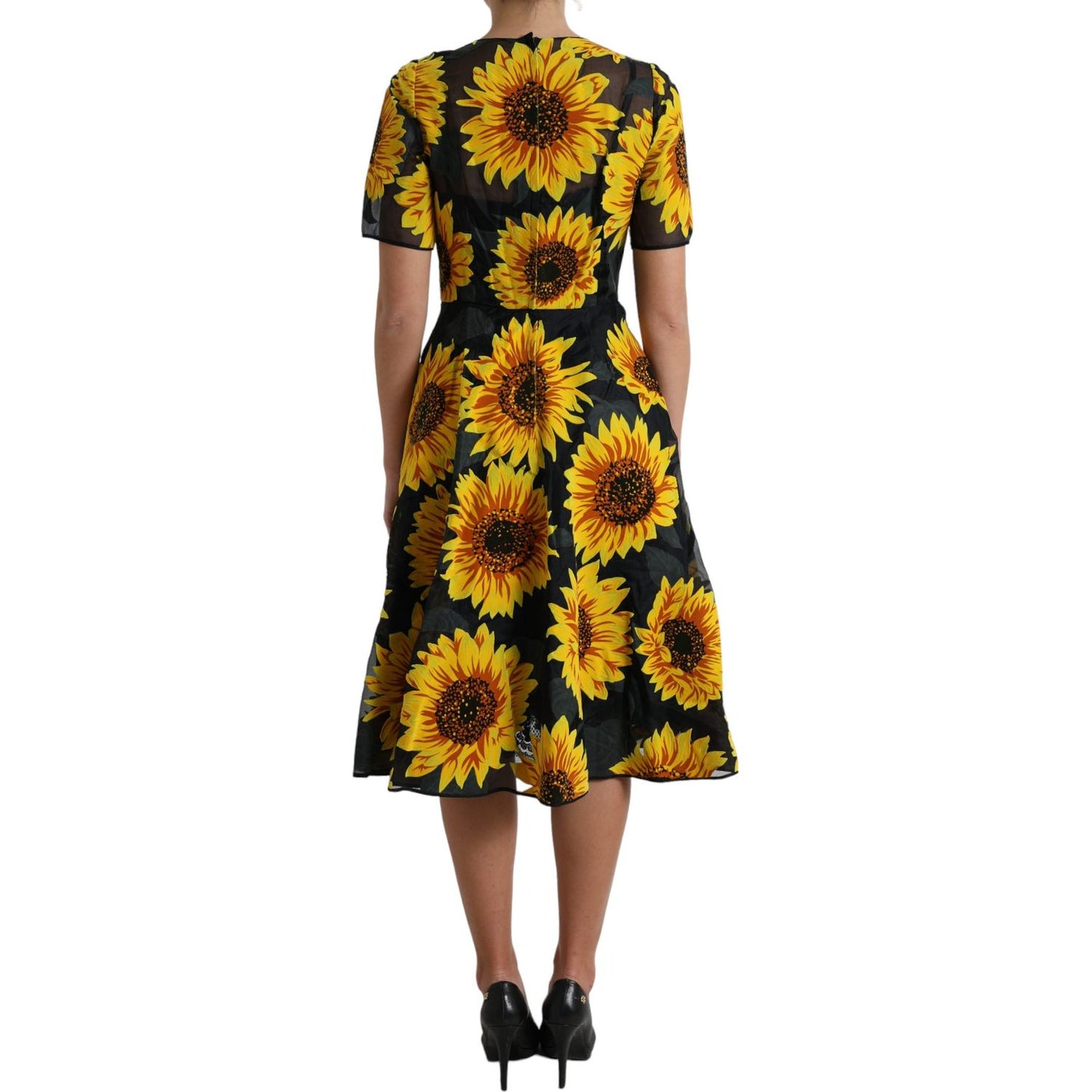 Dolce & Gabbana Black Sunflower Print Nylon A-line Midi Dress