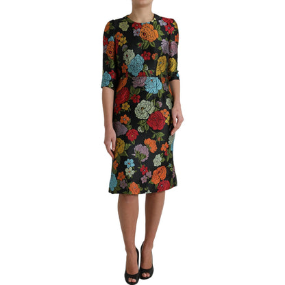 Dolce & Gabbana Black Floral Embroidery Knee Length Dress