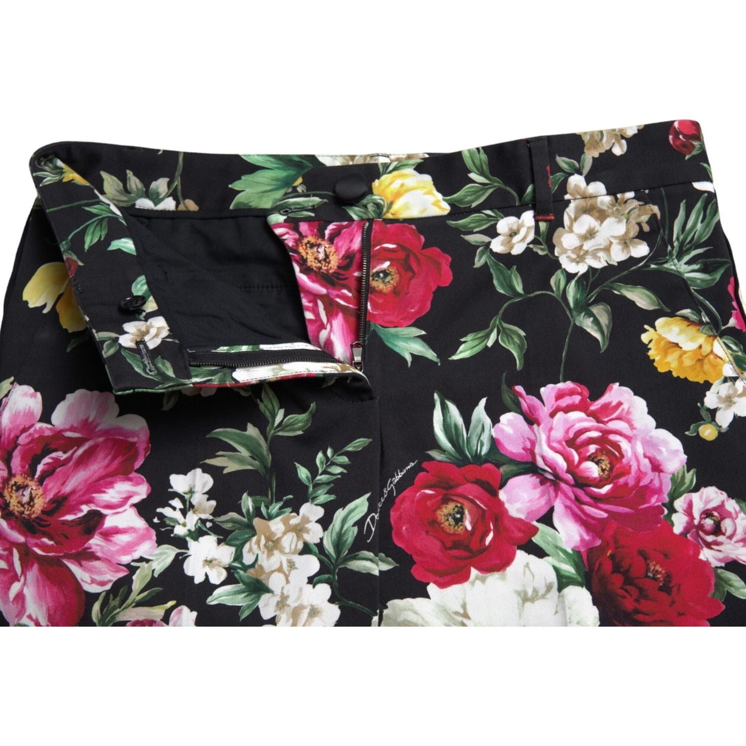 Dolce & Gabbana Black Floral Print Mid Waist Cropped Pants