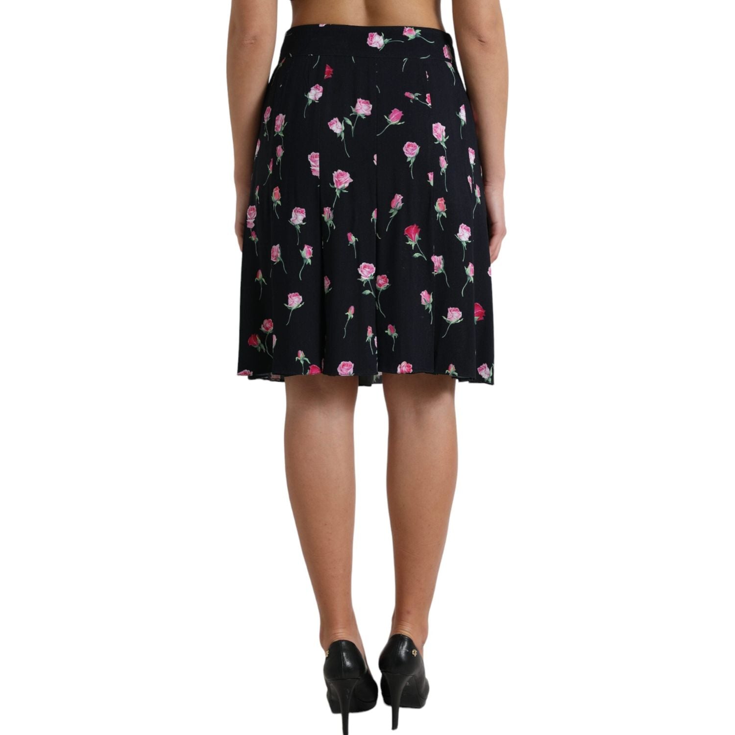 Dolce & Gabbana Black Rose High Waist A-line Knee Length Skirt
