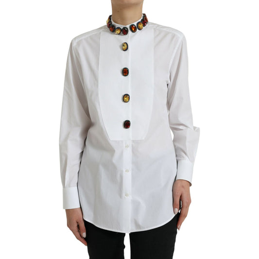 Dolce & Gabbana Elegant Crystal-Embellished White Cotton Top Dolce & Gabbana Light Gray