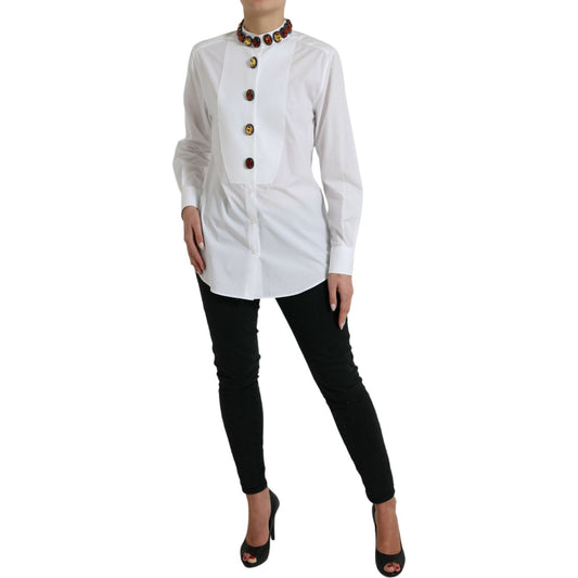 Dolce & Gabbana Elegant Crystal-Embellished White Cotton Top Dolce & Gabbana Light Gray