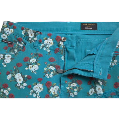 Dolce & Gabbana Blue Floral Print Skinny Cotton Denim Pants