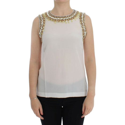 Dolce & Gabbana Elegant Sleeveless Silk Blouse with Crystal Embellishment Dolce & Gabbana Dark Gray