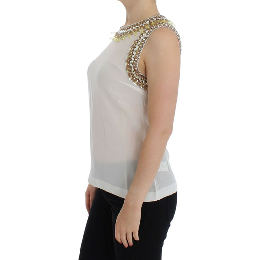 Dolce & Gabbana Elegant Sleeveless Silk Blouse with Crystal Embellishment Dolce & Gabbana Dark Gray