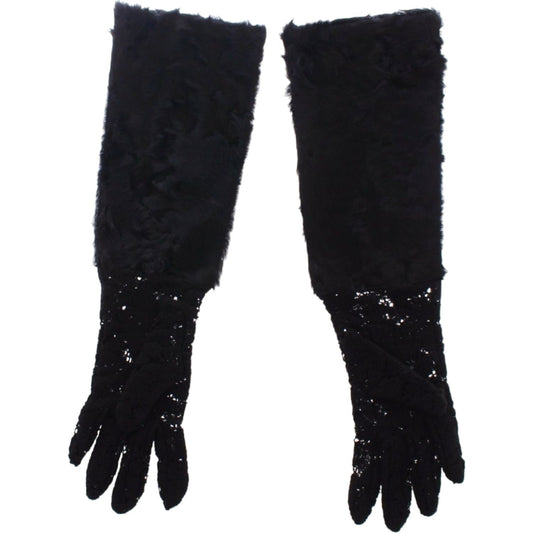 Dolce & Gabbana Black Wool Lace & Lamb Fur Elbow Gloves Dolce & Gabbana Black