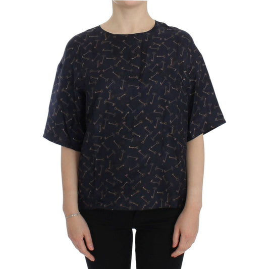 Dolce & Gabbana Enchanted Sicily Silk Blouse with Gold Keys Print Dolce & Gabbana Black