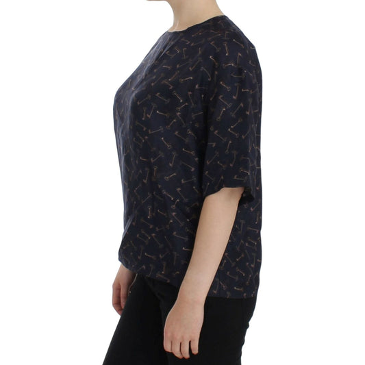 Dolce & Gabbana Enchanted Sicily Silk Blouse with Gold Keys Print Dolce & Gabbana Black