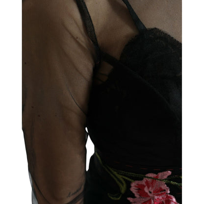 Dolce & Gabbana Black Floral Embroidery Mesh Tulle Gown Dress