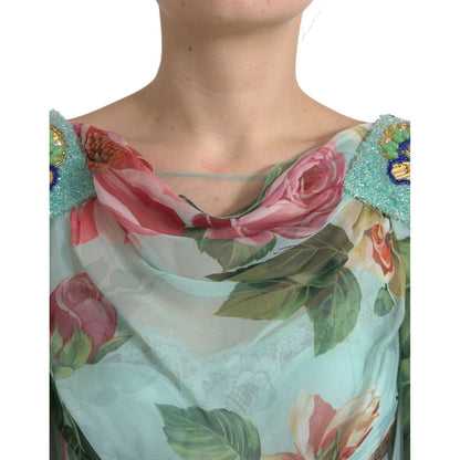 Dolce & Gabbana Blue Floral Print Tiered Long Maxi Dress