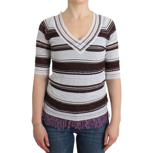 Ermanno Scervino Striped V-Neck Knit Top with Lace Hem Ermanno Scervino Gray