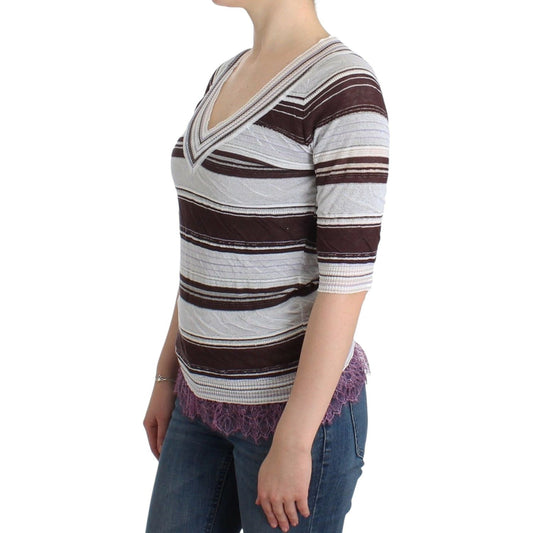 Ermanno Scervino Striped V-Neck Knit Top with Lace Hem Ermanno Scervino Dark Gray