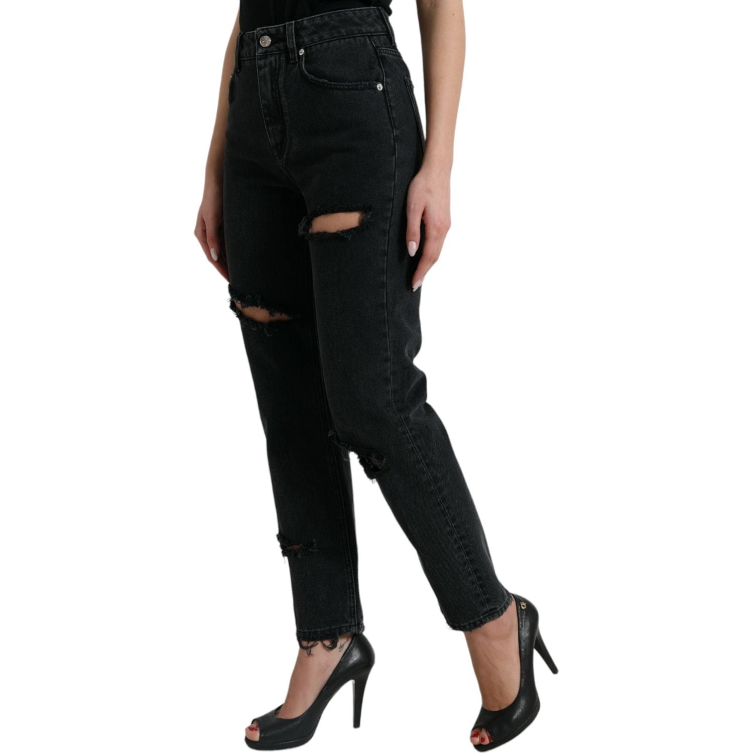 Dolce & Gabbana Black Cotton High Waist Tattered Denim Jeans