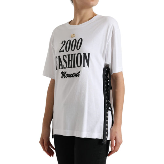 Dolce & Gabbana Elegant White Lace-Up Cotton Tee Dolce & Gabbana Gray