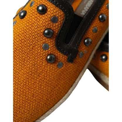 Dolce & Gabbana Orange Linen Leather Studded Loafers Shoes
