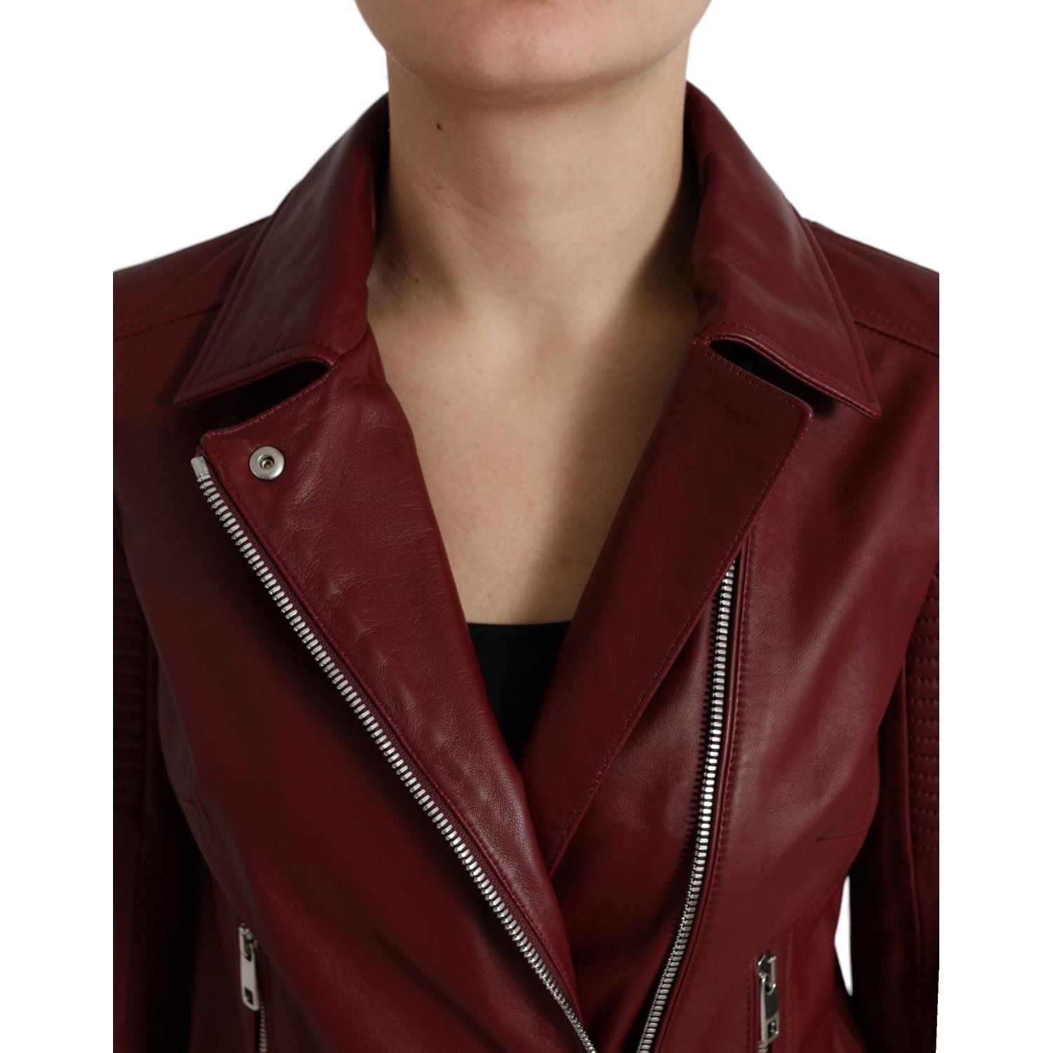 Dolce & Gabbana Bordeaux Leather Biker Coat Lambskin Jacket