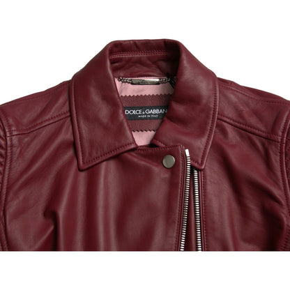 Dolce & Gabbana Bordeaux Leather Biker Coat Lambskin Jacket