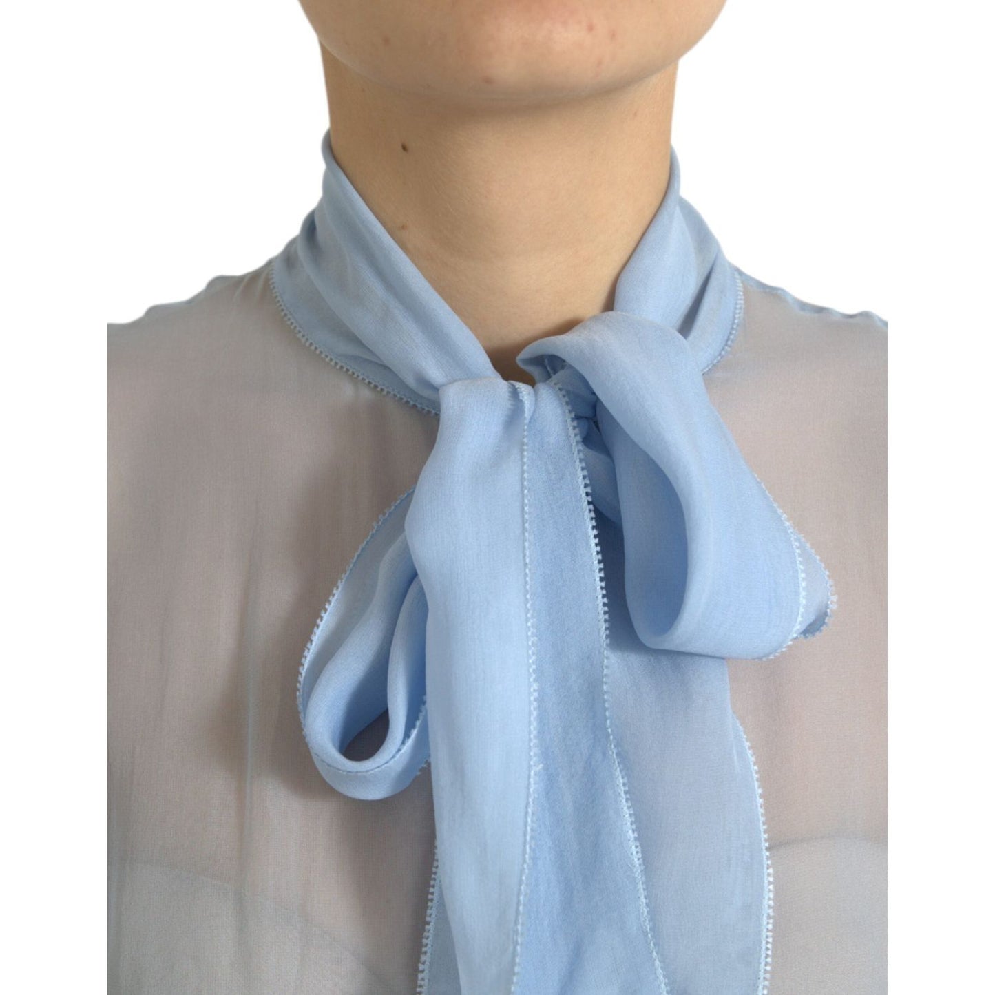 Dolce & Gabbana Blue Long Sleeves Ascot Collar Blouse Top