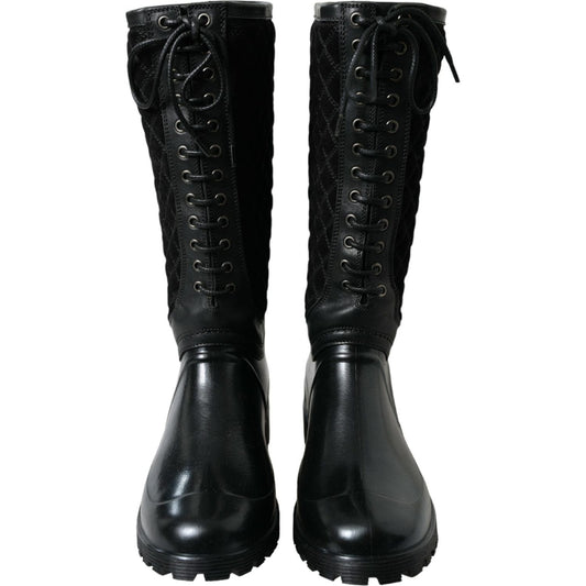 Dolce & Gabbana Elegant Quilted Lace-Up Rain Boots Dolce & Gabbana Black