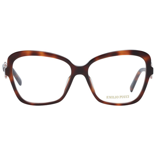 Emilio Pucci Brown Women Glasses Frame, full-rim butterfly style with plastic material, demo lenses, and branded case included.