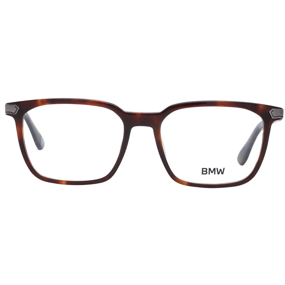 BMW Brown Men Glasses Frame with full-rim brown plastic frame and demo lenses, size 53-17-145, includes branded case.