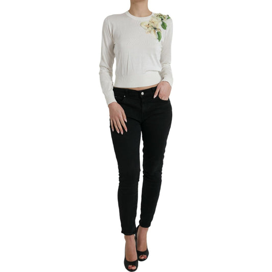 Dolce & Gabbana Silk Floral Applique Pullover Sweater Dolce & Gabbana Black